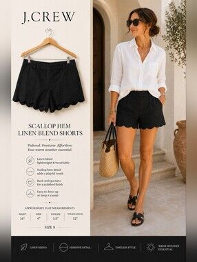 J.Crew Black Linen Blend Scallop Hem Shorts Size 8 Coastal Chic